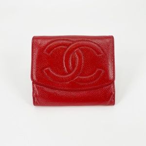 Chanel Classic Vintage 90s CC Bifold Small Wallet Red Caviar Leather